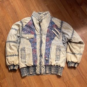 Vintage Beige Acid-Wash Bomber Jacket with Blue and Pink Panels